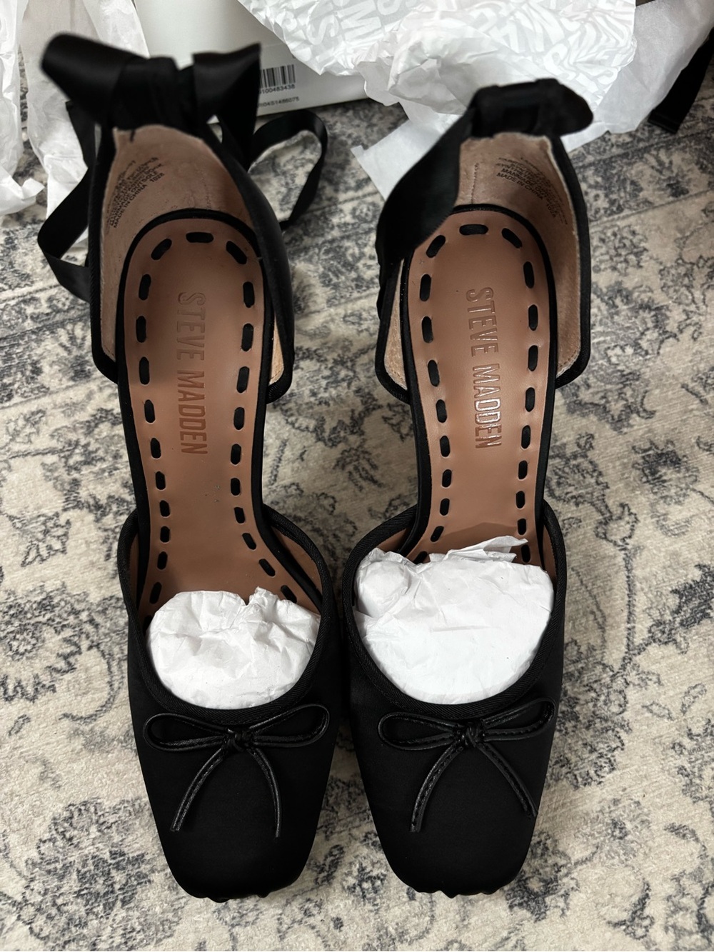 Steve Madden Black Satin Square-Toe Ankle Tie Heels